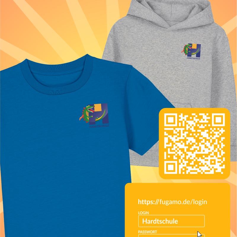 ein blaues Schul-T-Shirt und ein grauer Hoodie mit QR-Code und Ab sofort! Die URL mit Daten zum einloggen